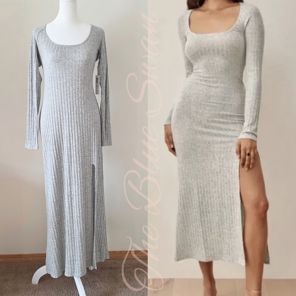 NWT Reformation Lemon Light Gray Ribbed Long Sleeve Dress L